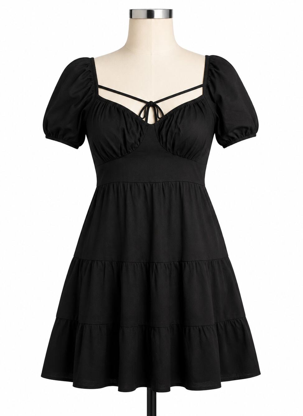 PacSun Dainty Trim Tie Back Black Puff Sleeve Mini Dress - Size M